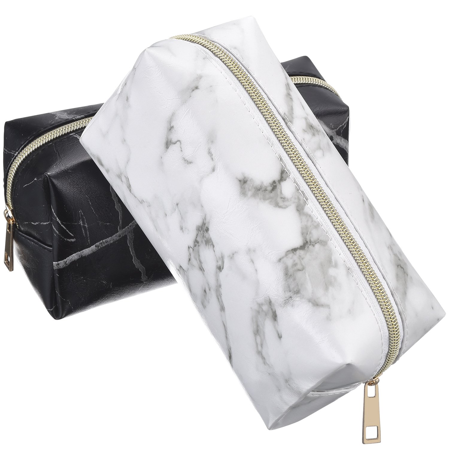 Frienda 2 Pieces Cosmetic Toiletry Makeup Bag Pouch Gold Zipper Storage Bag Marble Pattern Portable Makeup Brushes Bag (S, White and Black)