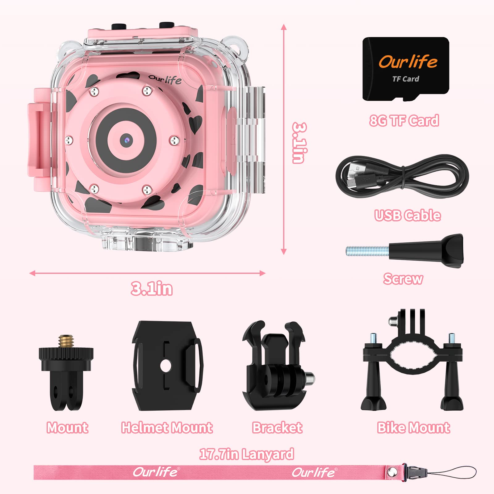 Ourlife Waterproof Camera for Kids, 1080P HD Kids Digital Action Camera Underwater Camera with 8GB SD Card, Birthday Gift Toys for Girls Age 3-14