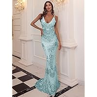 Women's Dress Dresses for Women Mermaid Hem Backless Sequin Prom Dress (Color : Mint Blue, Size : Large)