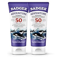 Badger Mineral Sunscreen SPF 50 Zinc Oxide Sunscreen with 98% Organic Ingredients, Reef-Safe, Broad-Spectrum, Hypoallergenic, Water Resistant, Unscented Adventure Sport Sunscreen 2.9 fl oz (2 Pack)