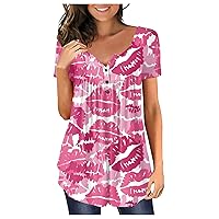 Womens Blouses Casual,V-Neck Sexy Short Sleele Love Printed Tunic Shirt Summer Button Plus Size Fashion Top T-Shirt