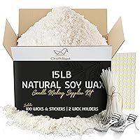 CraftBud Soy Candle Wax for Candle Making – Natural Soy Wax for Candle Making 15 lb Bag, Candle Making Wax, 15 Lbs. Soy Wax Flakes, 100 Candle Wicks, 100 Wick Stickers, and 2 Metal Centering Devices