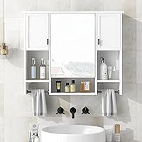 Merax Bathroom Medicine Cabinet with Mirror, Wall Mounted Bathroom Storage Cabinet with Mirror Door & Open Shelf, Over The Toilet Space Saver Storage Cabinet with Towel Rack (White Medicine Cabinet)