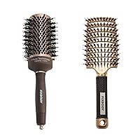 FIXBODY Boar Bristles Round Hair Brush, Nano Thermal Ceramic and Ionic Tech for Blow Drying | FIXBODY Curved Boar Bristles Hair Brush