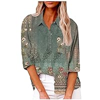 Womens Printed Button Down Shirt 2024 Casual Long Sleeve T Shirts Autumn Loose Work Blouses Tunic Tops with Pockets