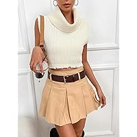 Solid High Neck Crop Knit Top (Color : White, Size : Large)