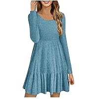 Ruffle Hem Sweater Dress Women Elegant Knit Midi Dresses Crewneck Long Sleeve Elegant Fall A-Line Sweater Dresses