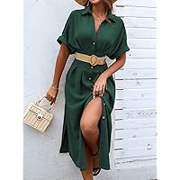 Dresses for Women Women's Dress Button Through Batwing Roll Up Sleeve Shirt Dress Without Belt Dresses (Color : Green, Size : X-Large)