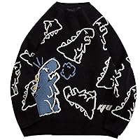 Flygo Women's Dinosaur Sweater Aesthetic Oversized Knit Sweaters Pullovers Y2K Knitwear (Black-XL)