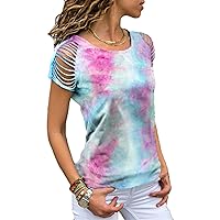 Andongnywell Women's Top Casual Tie-Dye Print Crewneck Off Shoulder Short Sleeve T-Shirt Gradient Blouses T-Shirt