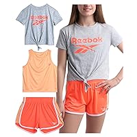 Reebok Girls' Active Shorts Set - 3 Piece Short Sleeve T-Shirt, Tank Top, Gym Shorts - Summer Athletic Set for Girls (7-12)