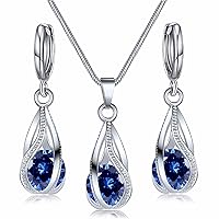 Hanaoops Jewellery Set Women's 925 Silver Teardrop Cubic Zirconia Crystal Pendant Necklace Earrings Sets Gift for Set Girlfriend Wife on Valentine's Day