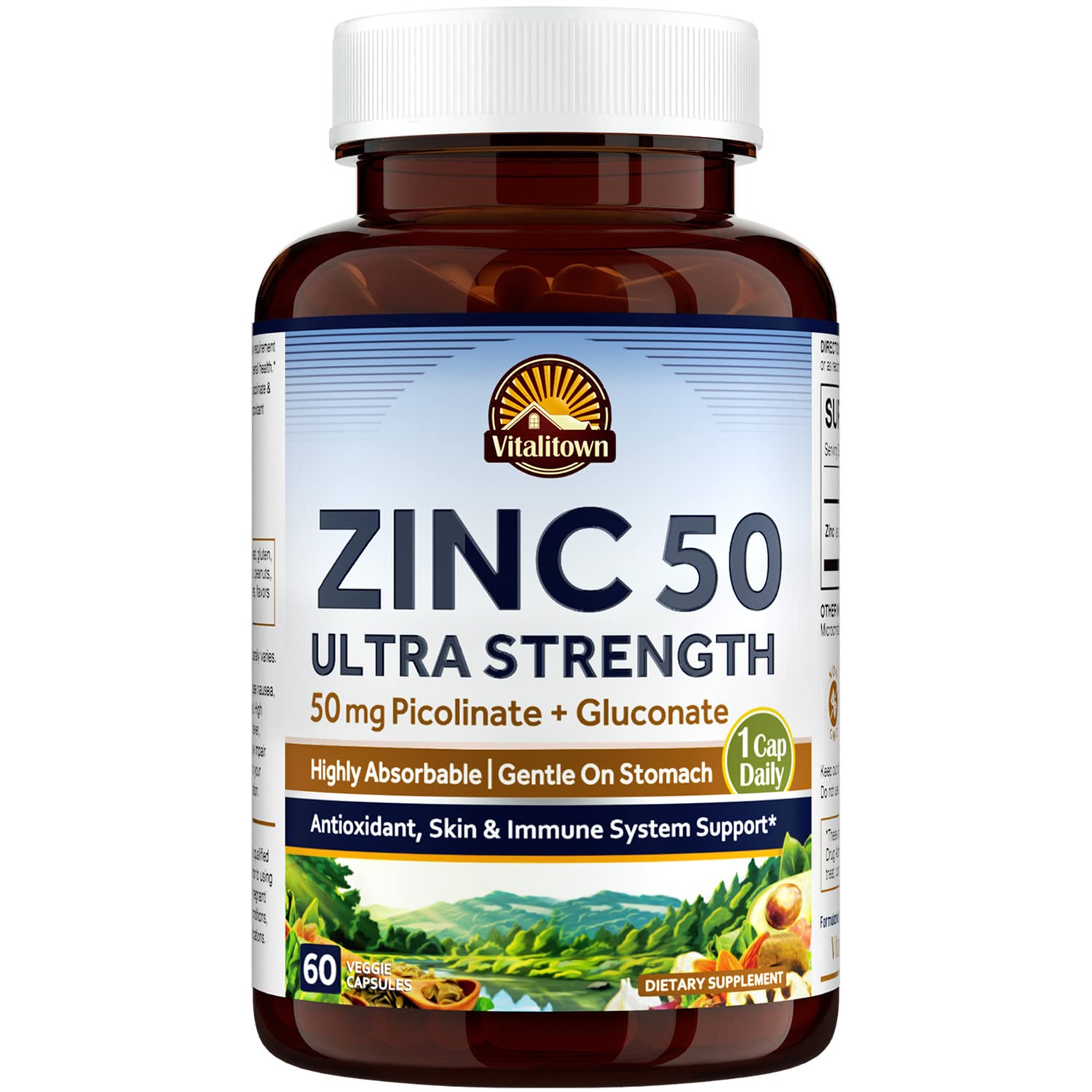 Vitalitown Zinc 50 mg, Zinc Picolinate, Zinc Gluconate, 60 Veggie Capsules, No Zinc Oxide, Well-Absorbed, Chelated Zinc Supplement, Immune System, Healthy Skin & Development, Vegan, NO Gluten, Non-GMO