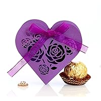 50 Pack Laser Cut Rose Love Heart Wedding Candy Boxes with Ribbon Party Favor Boxes Small Gift Boxes for Wedding Bridal Shower Anniversary Birthday Party (Purple)