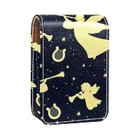 Vintage Angels Harps Trumpets Lipstick Case Lipstick Box Holder with Mirror, Portable Travel Lip Gloss Pouch, Waterproof Leather Cosmetic Storage Kit for Purse