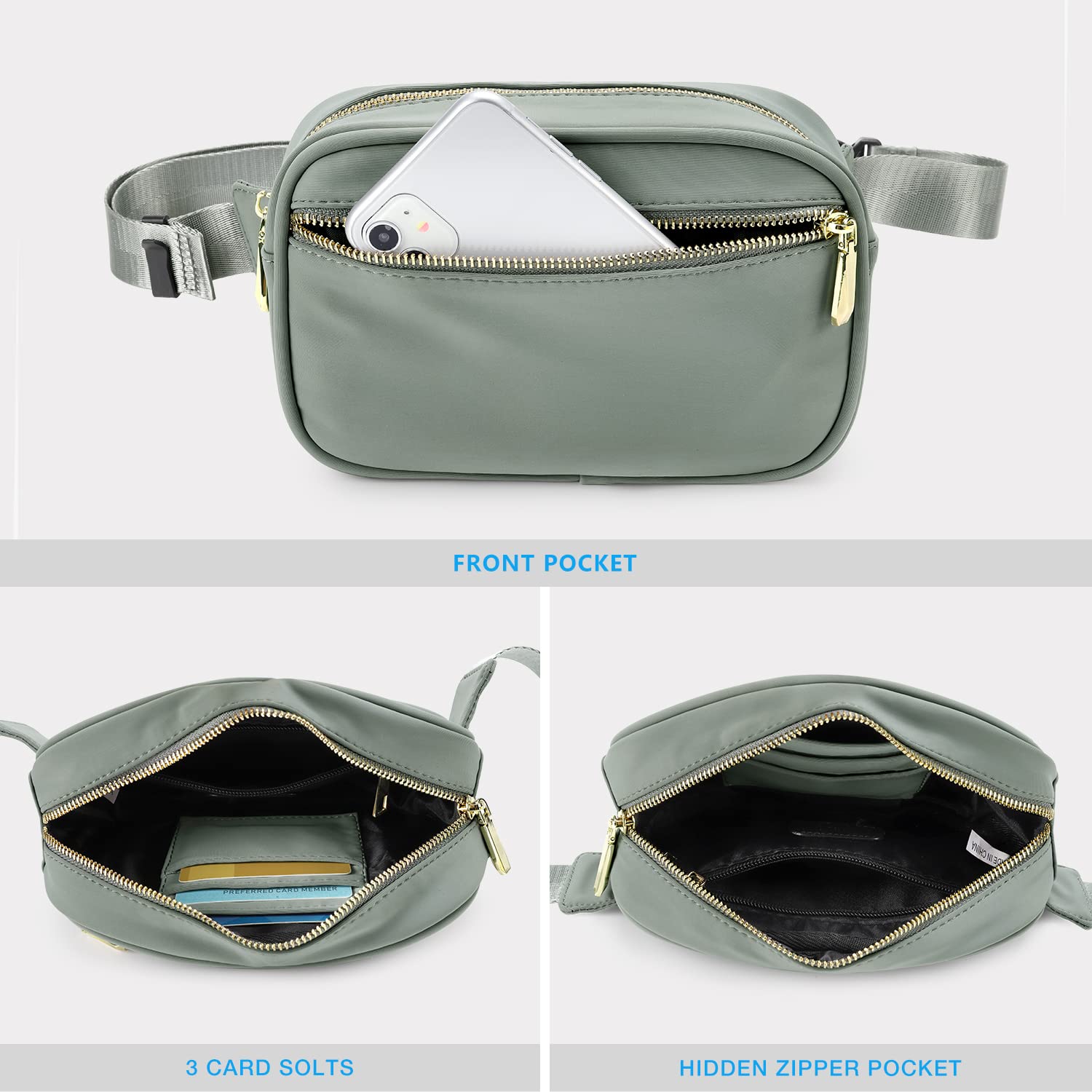 ZORFIN Fanny Packs for Women, Fashionable Waist Pack Crossbody Bag with Adjustable Strap Nylon Belt Bag Hip Bum Bag for Travel Running Hiking（Light Gray）