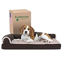 Furhaven Cooling Gel Dog Bed for Medium/Small Dogs w/ Removable Bolsters & Washable Cover, For Dogs Up to 35 lbs - Two-Tone Plush Faux Fur & Suede L Shaped Chaise - Espresso, Medium