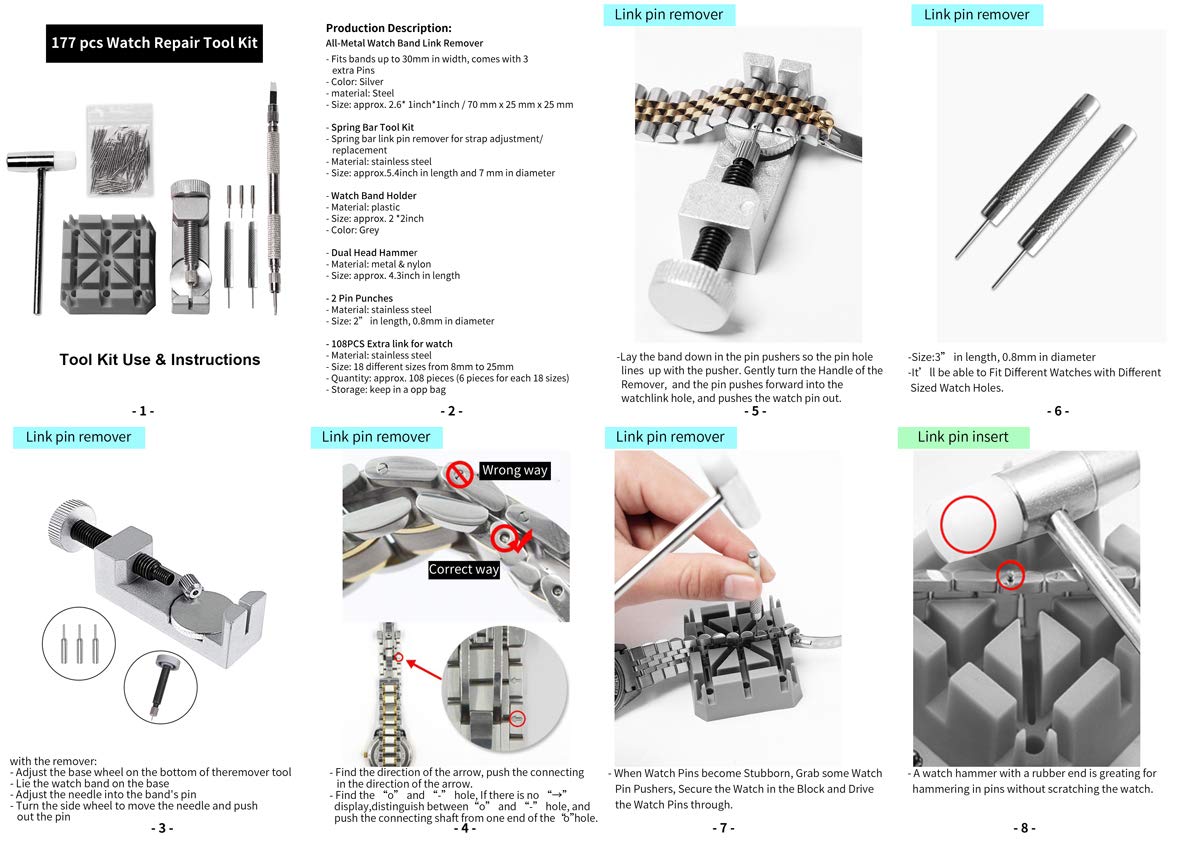 BYNIIUR Watch Link Removal Tool Kit, Watch Band Strap Pin Remover, Watch Tool Kit Link Remover Repair Tool, Watch Adjustment Tool Band Replacement, Spring Bar Tool Set