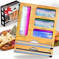 6in1 Food Storage Bag Organizer, Baggie Organizer For Drawer-Foil and Plastic Wrap Organizer with Cutter-Bamboo Kitchen Organizers Compatible with Gallon,Quart,Snack,Sandwich and 12