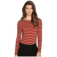 Women's Red Striped Long Sleeve Scoop Bodysuit, Red, Large