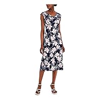 Connected Apparel Womens Navy Floral Sleeveless Midi Wear to Work Sheath Dress Petites 6P