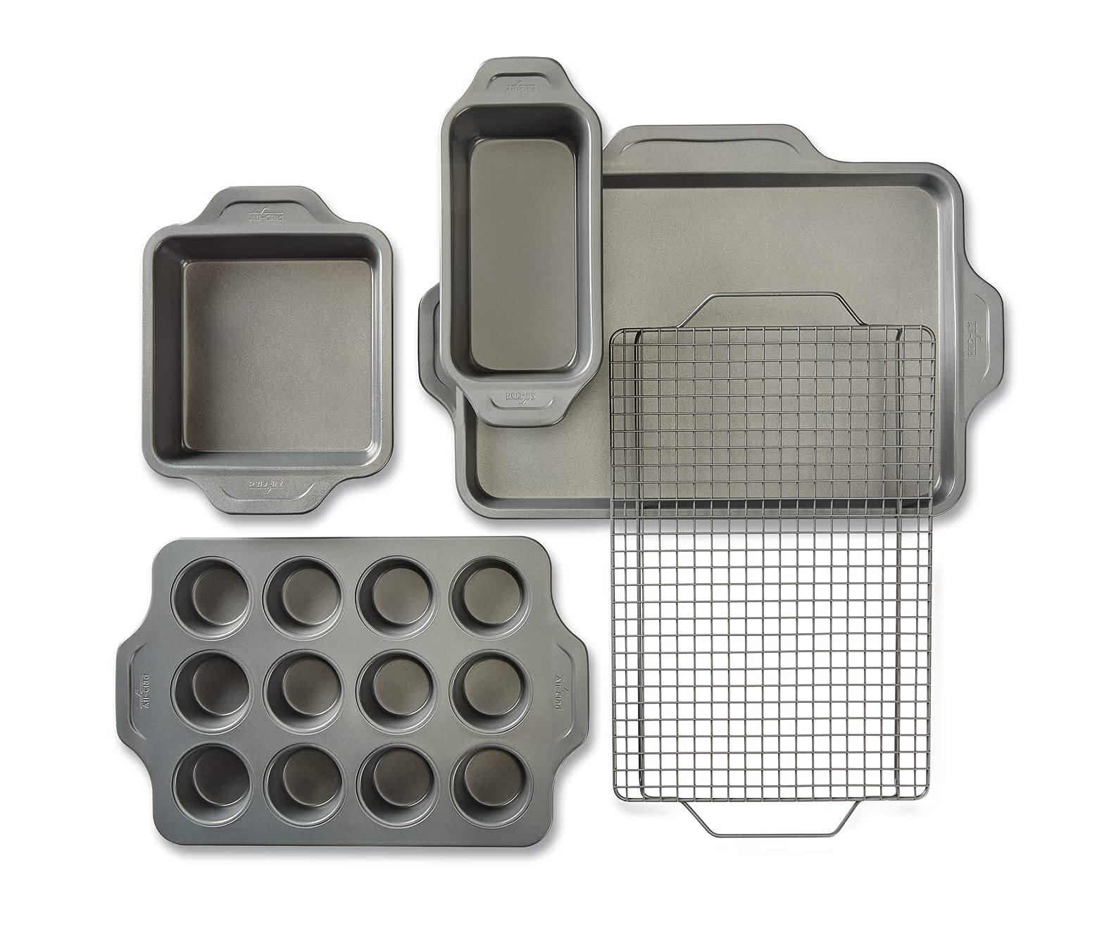 All-Clad Pro-Release Nonstick Bakeware Set including Half Sheet Pan, Cooling & Baking Rack, Round Cake Pan, Loaf Pan, 5 piece, Gray