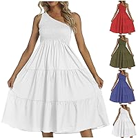 Women's Boho One Shoulder Sleeveless Solid Color Ruffle Beach Party Tiered Midi Dress Trendy Elegant Dressy Sundress