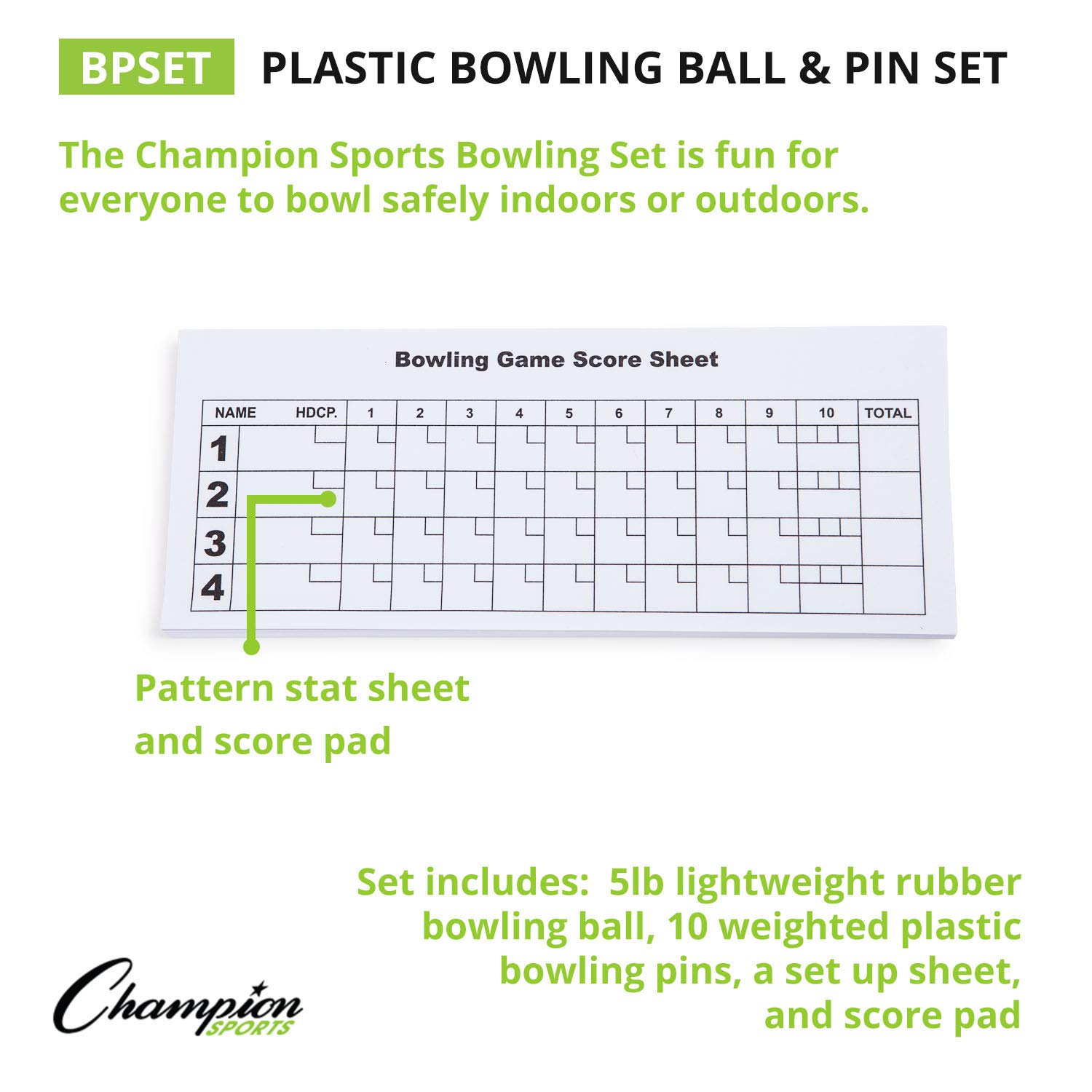 Champion Sports Bowling Set: Rubber Ball & Plastic Pins for Training, Model:BPSET