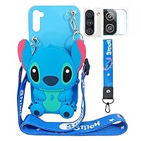 Case Compatible with Samsung Galaxy A11 Cute 3D Cartoon Purse Wallet with Lanyard Wrist Strap Soft Silicone Cover Camera Lens Protector for Samsung Galaxy A11 Alien Dog Blue