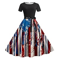 Patriotic Crew Neck Spring Dresses for Women 2024 July 4Th America Flag Slimming American Flag Print Dress for Women