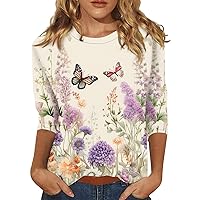 2024 Summer Floral 3/4 Sleeve Length Womens Tops,Summer Casual 3/4 Sleeve Crew Neck Shirts Trendy Graphic Blouse