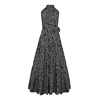 Women's Sleeveless Print Formal Dress Halter Neck Vintage Women Boho Backless Summe Dresses Smocked Swing Long