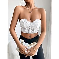 Women's Tops Women's Shirts Sexy Tops for Women Contrast Lace Bustier Crop Tube Top (Color : White, Size : XX-Small)