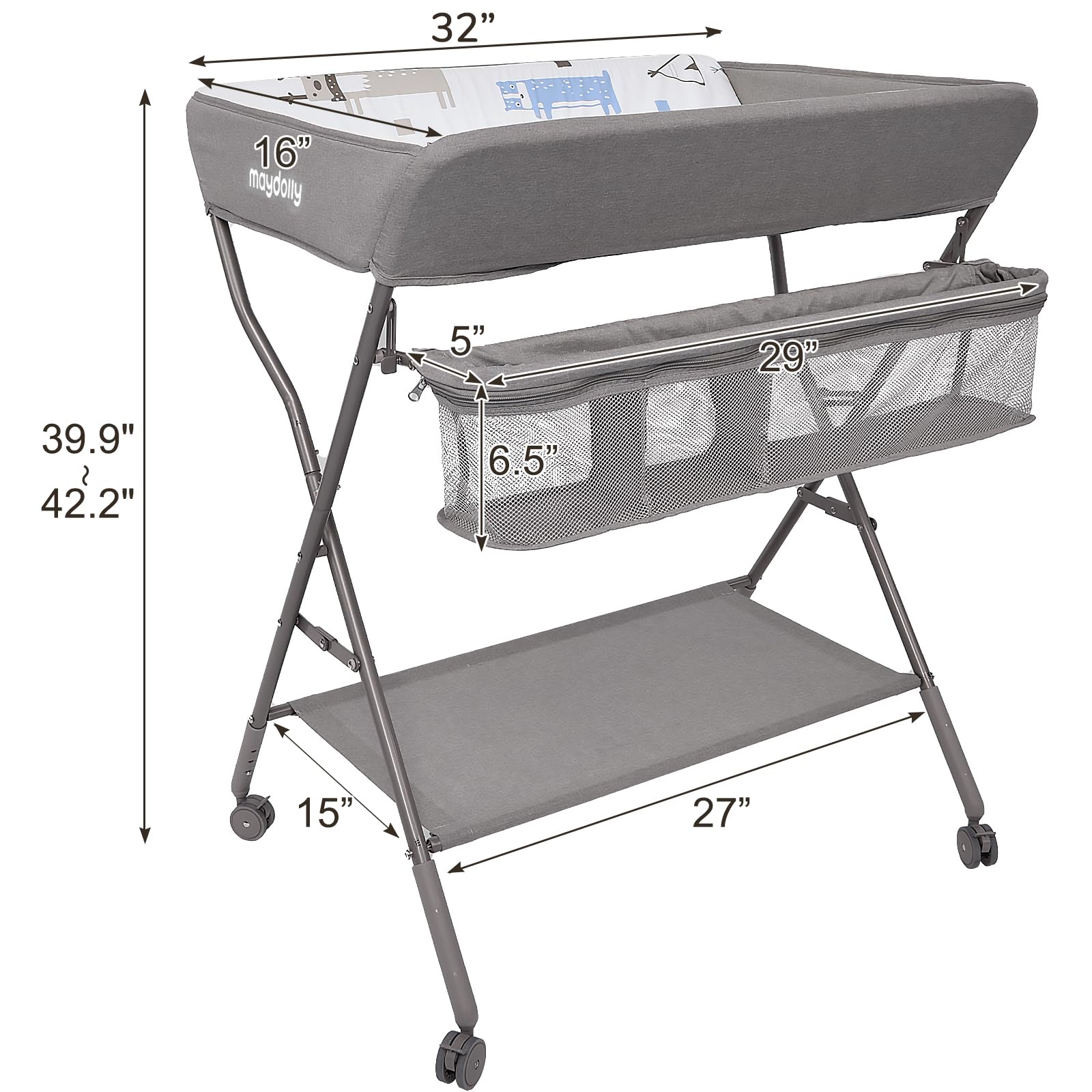 Baby Changing Table with Wheels, Maydolly Portable Adjustable Height Folding Diaper Station with Nursery Organizer & Storage Rack for Newborn Baby and Infant, Grey Pattern