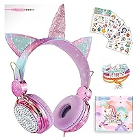 SVYHUOK Girls Pink Unicorn Wired Headphones,Cute Cat Ear Kids Game Headset for Boys Teens Tablet Laptop PC,Over Ear Children Headset withMic,for School Birthday Xmas Gifts