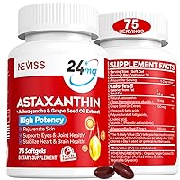 Astaxanthin Supplements 24mg, Antioxidants Supplement with Grapeseed Oil, Ashwagandha, Organic Coconut Oil & MCT Oil Supports Skin, Eyes, Joint & Immune, Relaxation - Vegan, Non-GMO - 75 Softgels
