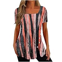 Square Neck Tops for Women Summer Short Sleeve Tunic T-Shirts Buttons Side Slit Flowy Shirts Casual Printed Loose Blouse Tees