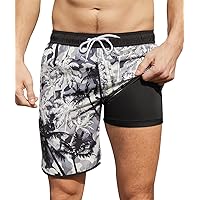 Idgreatim Men's Swim Trunks with Compression Liner 7 Inch Inseam Board Shorts Swimwear Quick Dry Hawaii Bathing Suit M-XXL