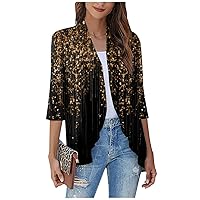 Fall Cardigans for Women 2023 3/4 Sleeves Summer Open Front Ruffled Draped Cardigan Striped Floral Print Kimono Cardigans