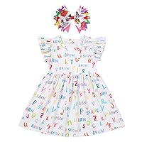 IMEKIS Toddler Kids Girls Back to School Dress with Hair Bow Pencil Print Kindergarten First Day of School Outfit 4-7T