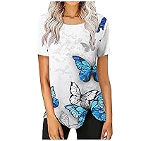 Womens Plus Size Tops,Summer Short Sleeve Shirt Round Neck Butterfly Printed Sexy Trendy Blouse T Shirt Tees