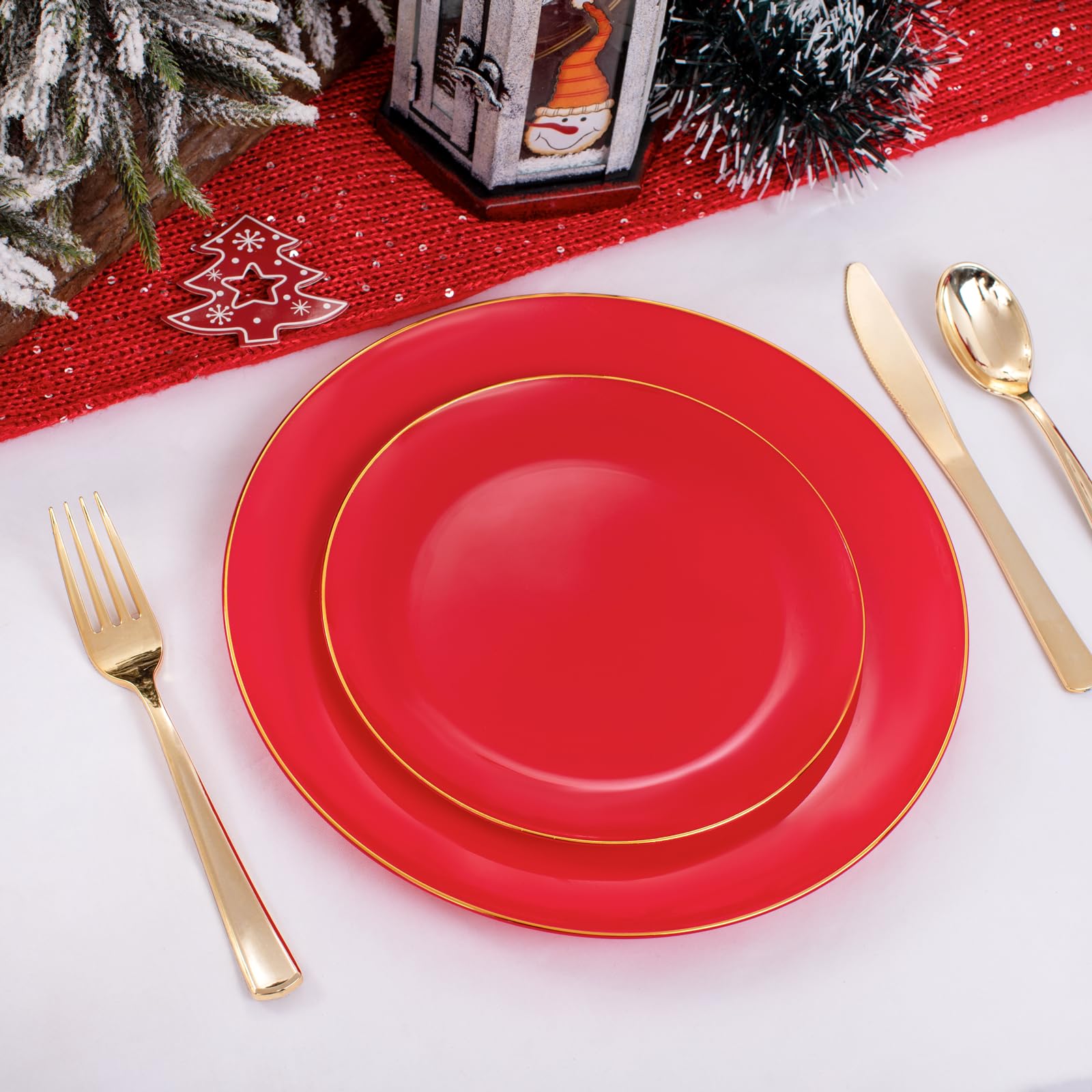 PULOTE 100PCS Red Plastic Plates - Heavy Duty Red Plates Disposable - Red Disposable Plates Include 50PCS Red Dinner Plates 10.25inch,50PCS Red Dessert Plates 7.5inch for Party&Valentine