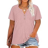 RITERA Plus Size Tops for Women V Neck Button Up Short Sleeve Henley Tshirt Casual Blouse Pullover Basic 12W 14W XL-5XL