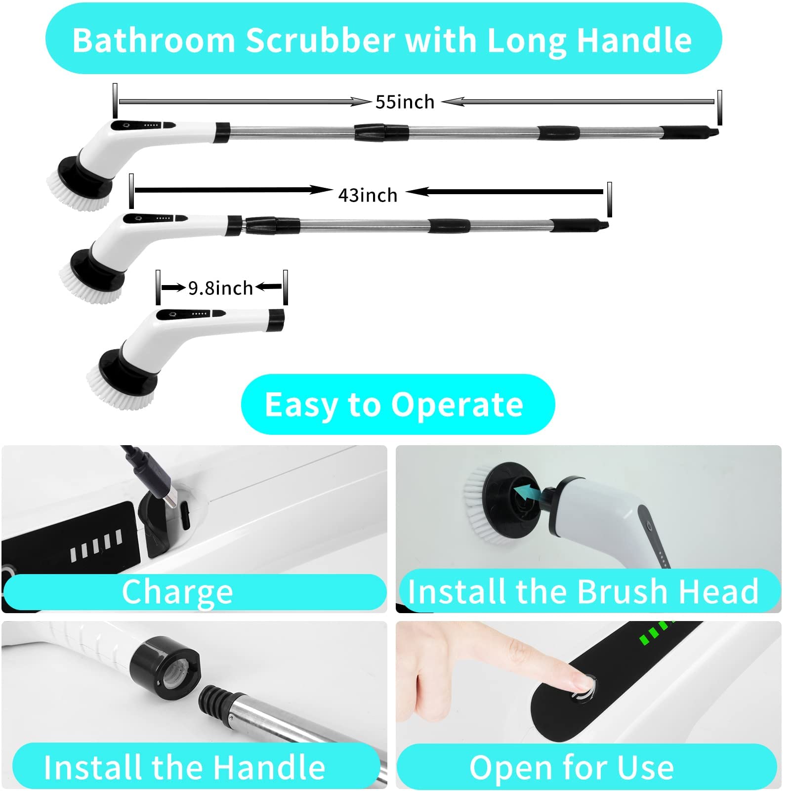 Electric Spin Scrubber, Cordless Shower Scrubber for Cleaning with 7 Multi-Purpose Cleaning Brush Heads, Bathroom Scrubber with Long Handle, Power Scrubber for Cleaning Wall, Floor, Bathroom, Kitchen
