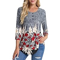 Womens Long Sleeve Tops Casual Loose Women's 3/4 Sleeve Tunic Tops Floral Print Casual Flare Swing Blouse Butt