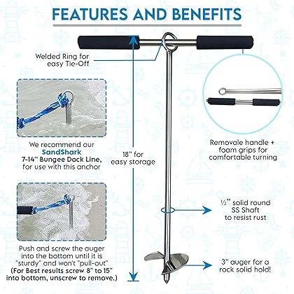 SandShark 18 inch Lite Series Boat Anchor - Shallow Water Anchor Pole - Jet Ski Anchor, Kayak Anchor, Pontoon Boat Accessories for Beach and Sandbar - Stainless Steel w/Handle and Rip-Stop Padded Case