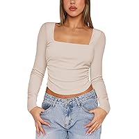 Women's Summer Blouses 2024 Neck Long Sleeve Crop Top Slim Fit Backless Solid Color Casual Shirt Blouses, XS-L