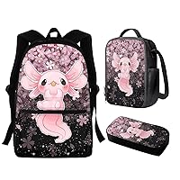 WELLFLYHOM 3 In 1 Axolotl School Bag with Lunch Box Set for Girls 9-12 Cherry Blossoms Backpack Purse Middle High School Book Bag with Pencil Case for Kids Primary Child Daypack Satchel Rucksack