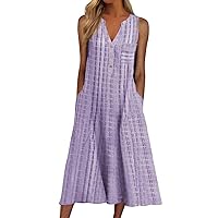 Women Casual Summer Stripe Button V Neck Sleeveless Pocket Long Dress Holiday Floral Beach Party Sundress Midi Dress