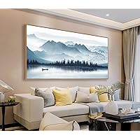 Indigo Framed Canvas Wall Art Misty Mountain Wall Pictures Foggy Lake Boat Canvas Painting Prints Forest Birds Canvas Wall Decor for Living Room Bedroom Decorations Framed 20